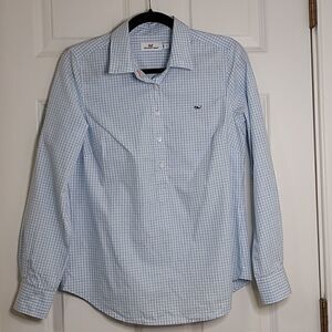 Vineyard Vines Cotton Popover Roll Tab Sleeve Blouse Top Blue White Check Size 4